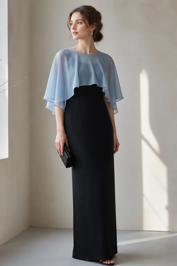 A black base dress with a powder blue chiffon overlay that forms a soft cape-like layer over the shoulders and upper arms. The skirt remains mostly straight.