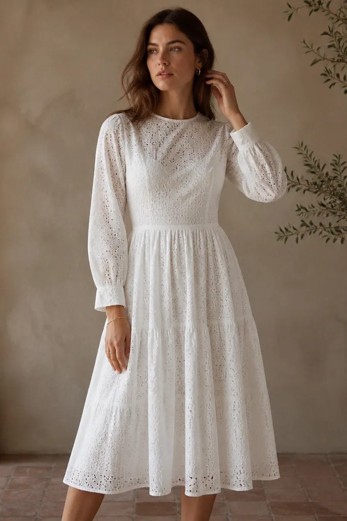 A white eyelet midi dress with long sleeves and a slightly fitted bodice. The eyelet pattern is delicate and the skirt has gentle volume. The hem lands below the knee.