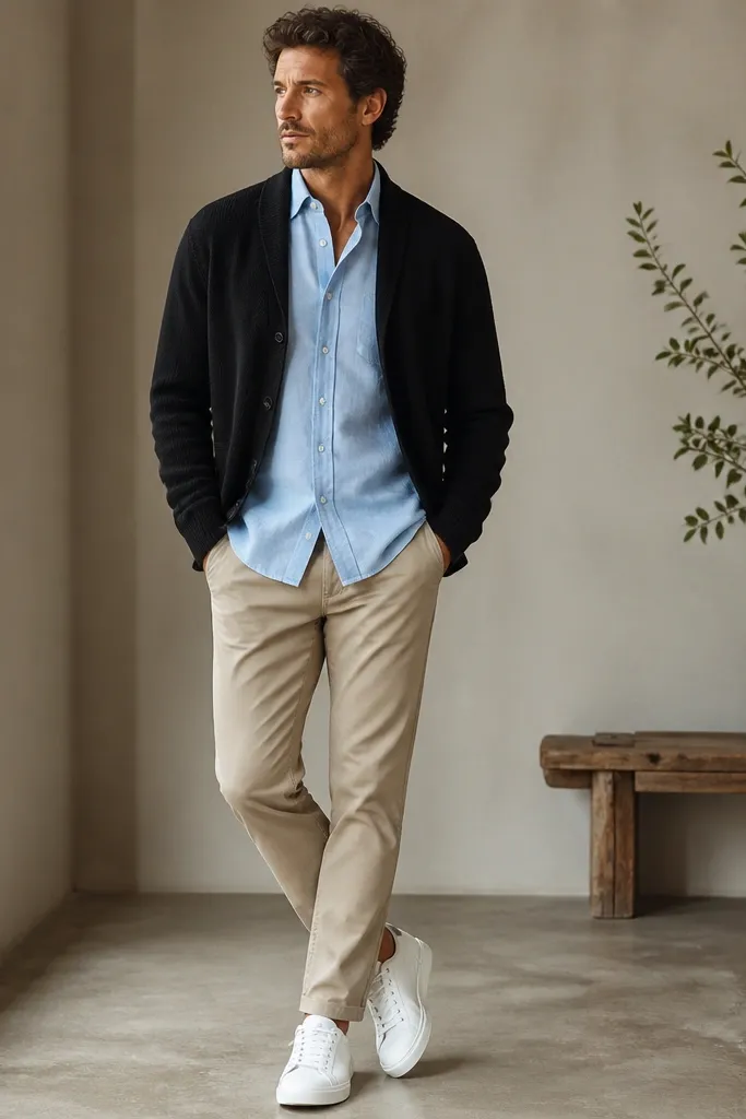 A man in a black cardigan over a light blue chambray shirt, wearing stone chinos and white low-top sneakers. The image highlights a relaxed stance and a slightly open cardigan front.