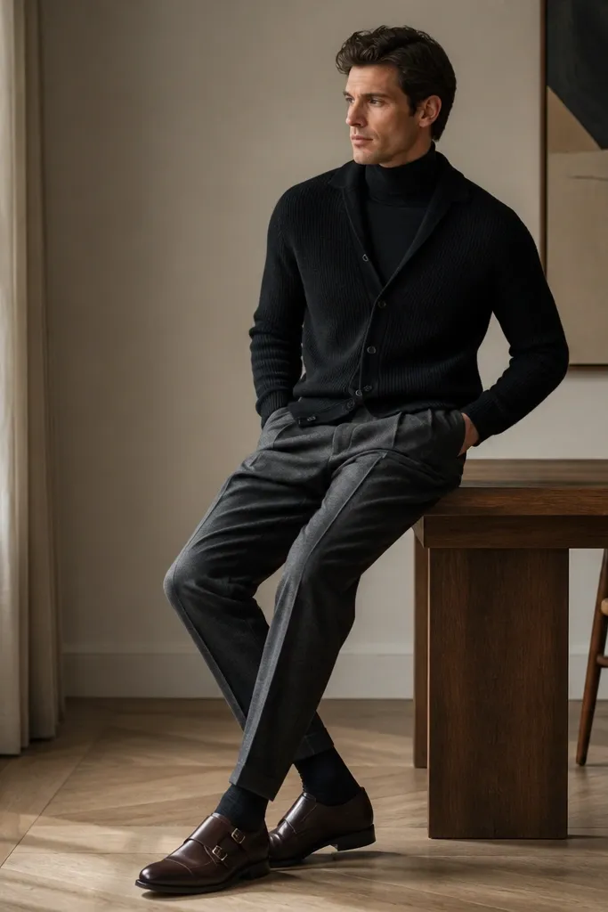 A man wearing a black cardigan over a black turtleneck, paired with grey wool trousers and brown monk strap shoes. The photo shows the cardigan collar open slightly to reveal the turtleneck.