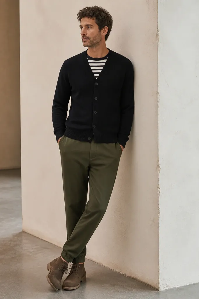 A man wearing a black cardigan fully buttoned over a black-and-white striped tee, with olive joggers and brown suede chukkas. The cardigan hem sits over the joggers waistband.