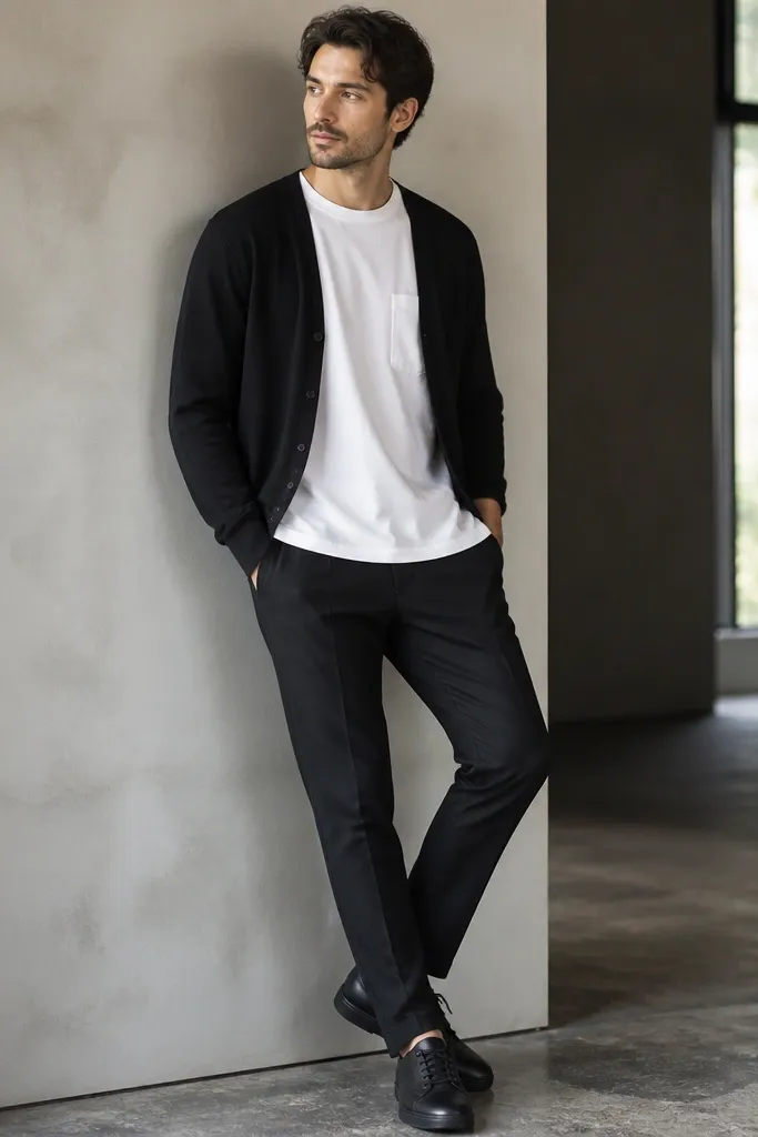 A man with a white pocket tee under an open black cardigan, wearing black tapered pants and black leather sneakers. The photo focuses on the clean monochrome look with a visible chest pocket.