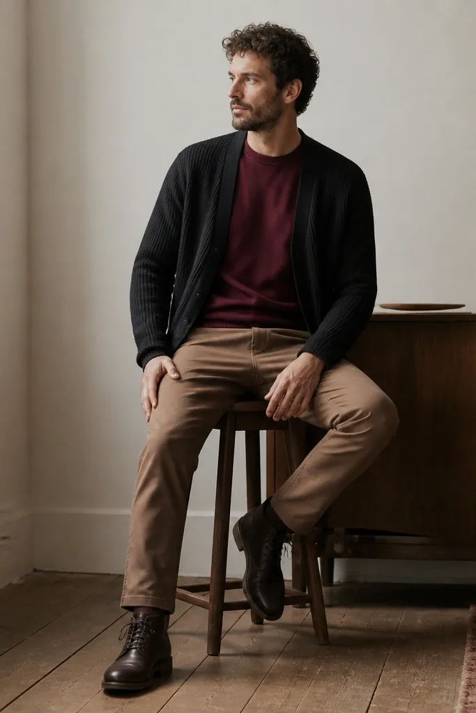 A man wearing a black cardigan over a burgundy crewneck sweater, with medium brown chinos and dark brown lace-up boots. The cardigan is left open and the burgundy color is clearly visible.