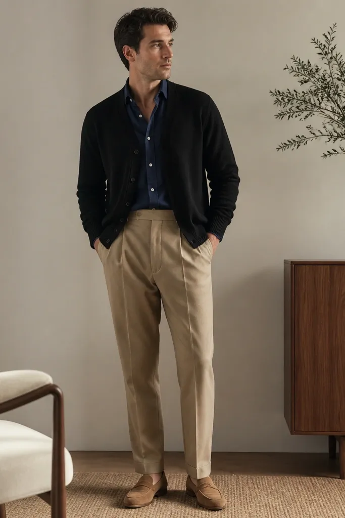 A man in a black cardigan worn over a navy button-down shirt, paired with khaki pleated trousers and tan loafers. The shirt is neatly tucked and the cardigan is partially buttoned.