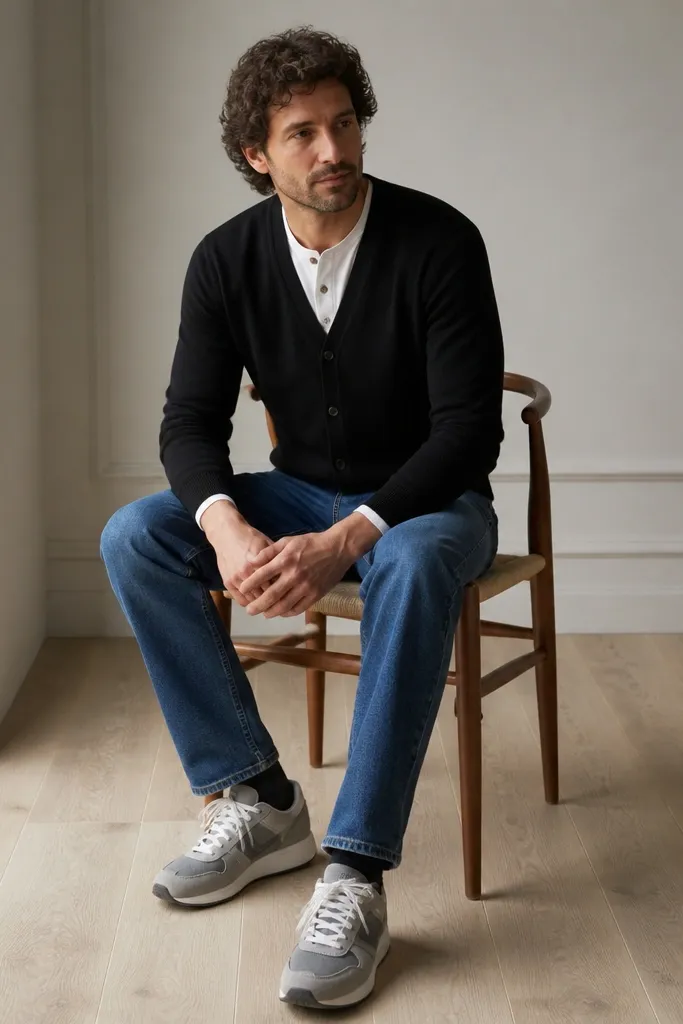 A man wearing a black cardigan over a white henley, with mid-blue denim jeans and grey trainers. The neckline shows the henley buttons under the cardigan opening.