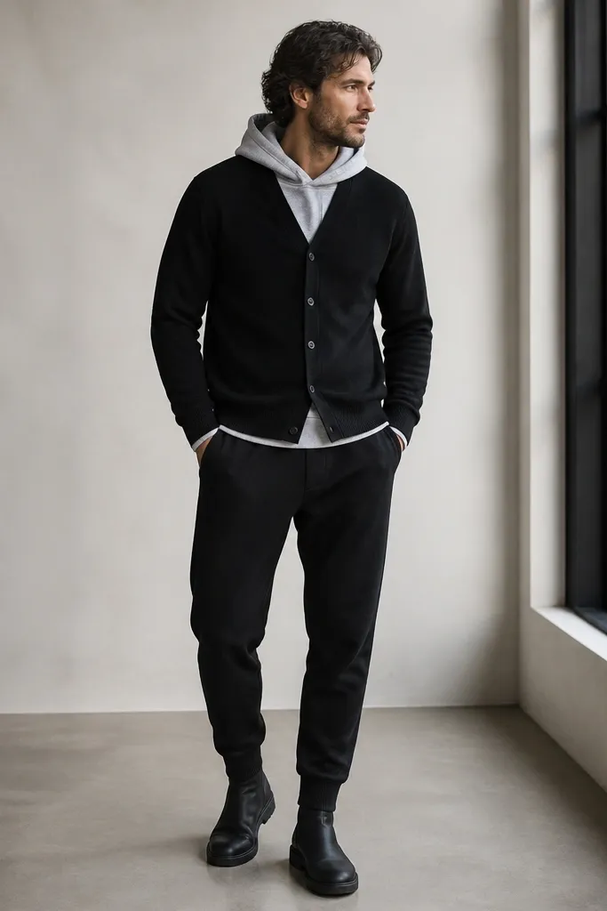 A man layering a black cardigan over a heather grey hoodie, wearing black joggers and all-black boots. The hoodie hood is visible at the cardigan neckline.