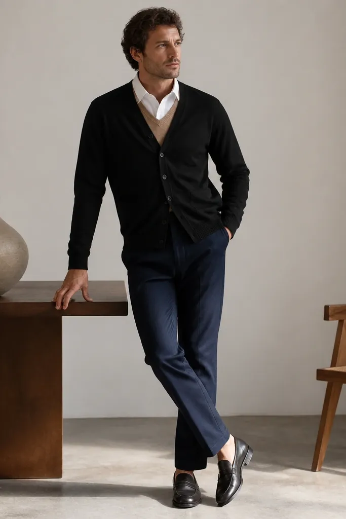 A man wearing a black cardigan over a white shirt with a tan layer peeking underneath like a sweater vest, paired with navy chinos and dark loafers. The photo shows layered V-shapes at the chest.