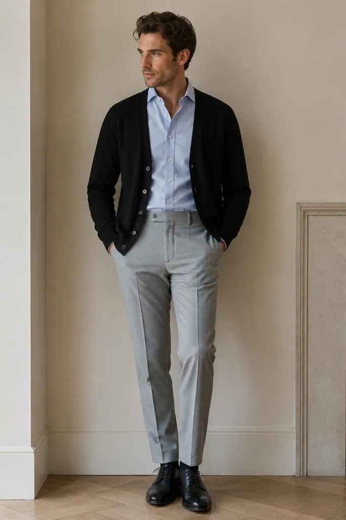 A man in a black cardigan worn open over a pastel blue button-down, with light grey wool trousers and black Oxford shoes. The cardigan hem hits mid-hip and the shirt is tucked.