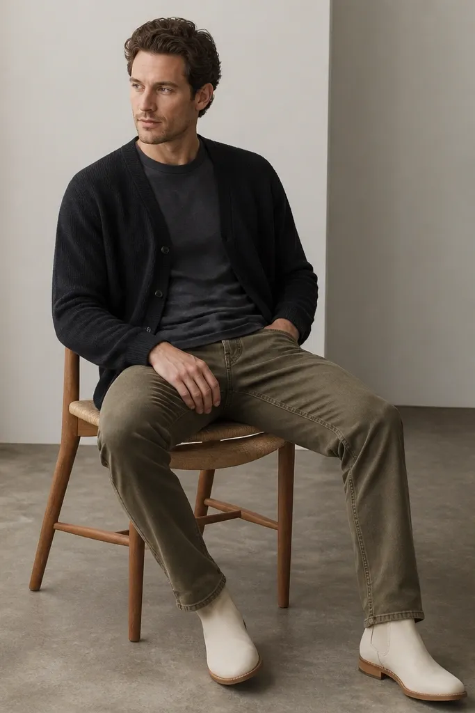 A man wearing a black cardigan over a charcoal crewneck tee, paired with olive denim jeans and white boots. The cardigan is slightly open and the tee color is visible.