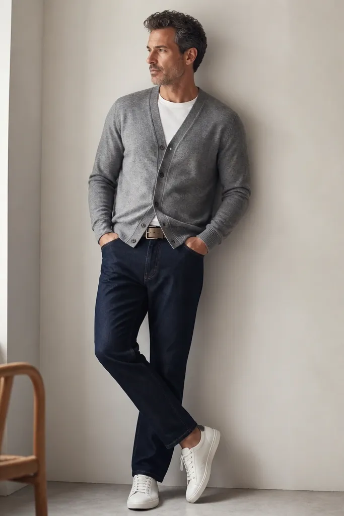 A mid-grey heather cardigan with button closure over dark indigo straight-leg jeans. White low-profile court sneakers. Neutral belt and no visible pattern on the socks.