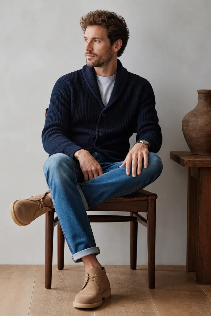 A navy cardigan with subtle ribbing worn over medium wash jeans. Tan suede desert boots with crepe soles. A simple dark watch strap is visible.