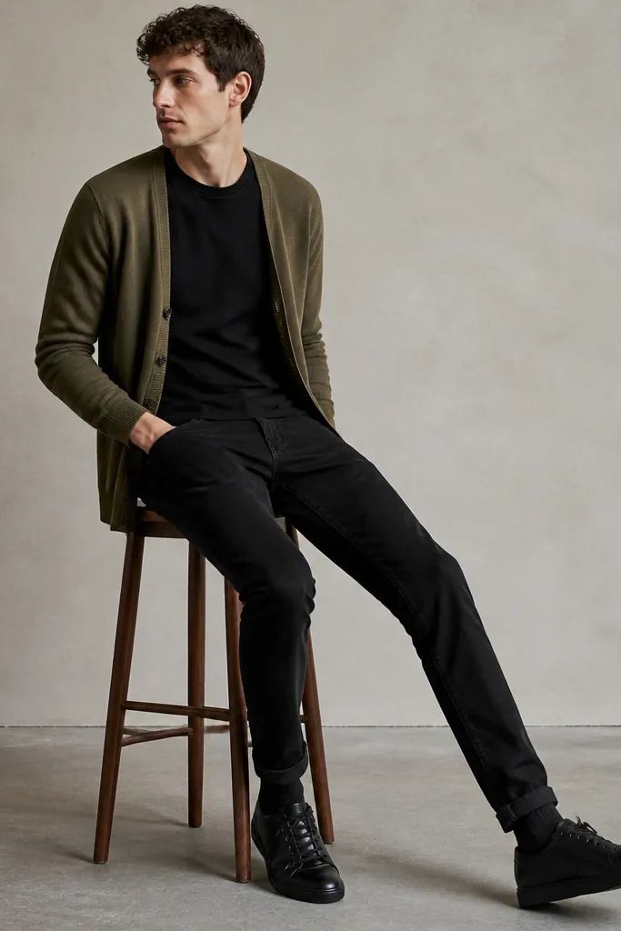 An olive green cardigan worn open over black tapered jeans. Black leather sneakers with a low tongue. Dark socks and a simple crew-neck shirt underneath.
