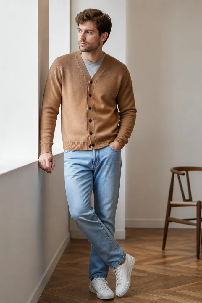 A camel cardigan over light wash jeans. White sneakers and a light grey crew-neck shirt peeking at the neckline.