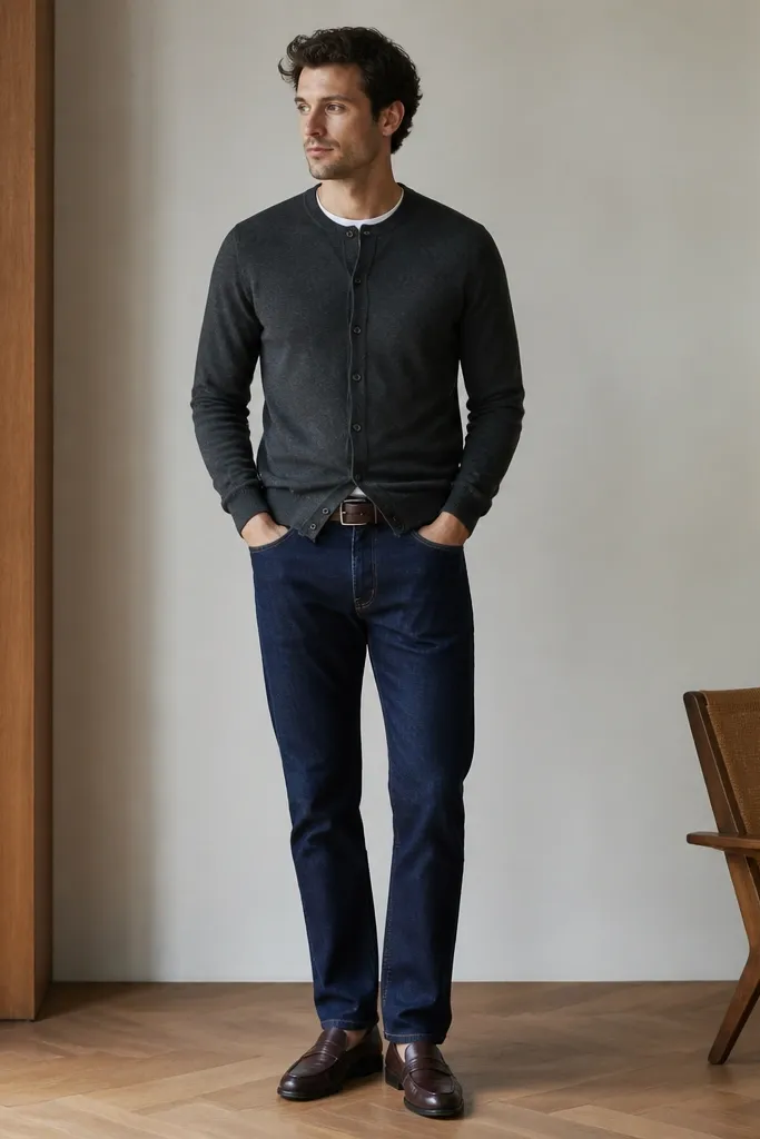 A charcoal button cardigan worn closed over indigo jeans. Dark brown loafers with a simple upper. A belt matches the shoes.