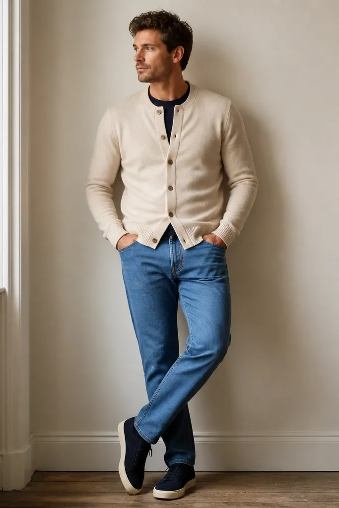 A cream cardigan with a crew neckline over medium blue jeans. Navy low-top sneakers. A navy shirt underneath shows at the collar.