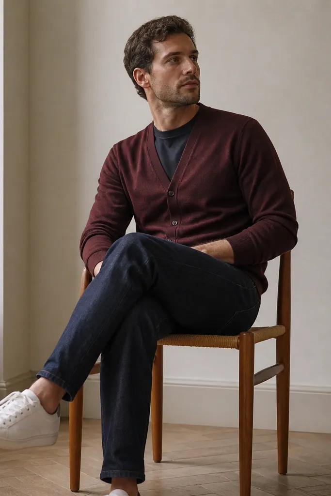 A burgundy cardigan worn over dark wash jeans. White leather sneakers. Minimal accessories and a dark shirt underneath.