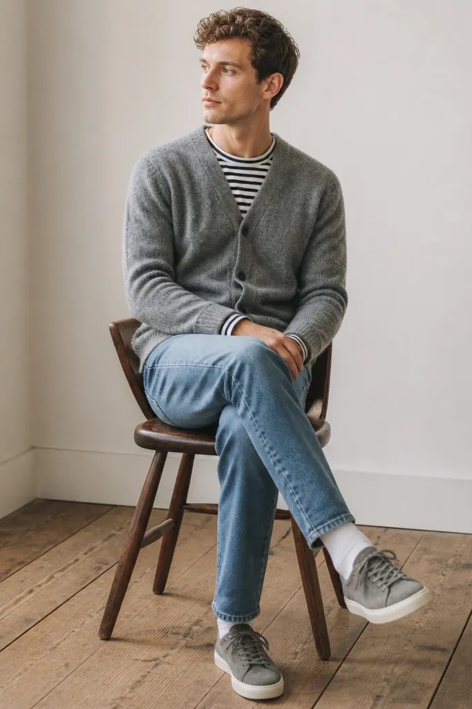 A heather grey cardigan with a striped tee visible at the neckline and cuffs. Light indigo jeans. Grey suede sneakers with minimal branding.
