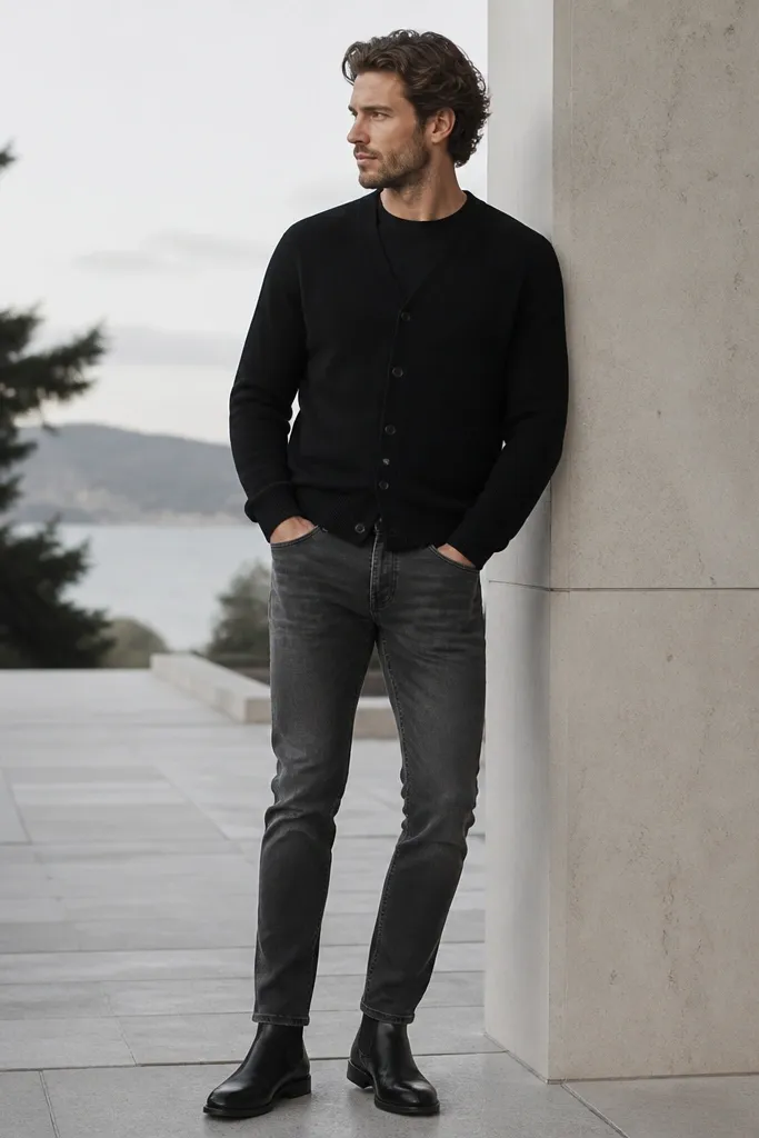 A black cardigan worn closed over grey jeans. Black Chelsea boots with elastic side panels. Dark top layer under the cardigan.