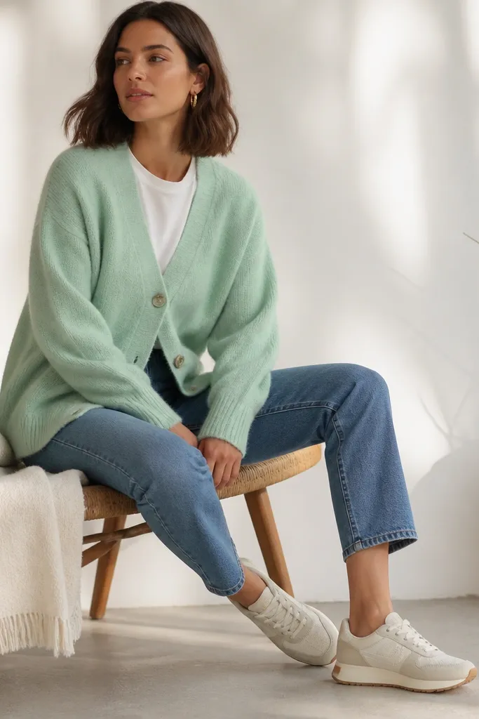 A seafoam green cardigan over mid wash jeans. White retro-style sneakers. A plain white crew-neck shirt underneath.