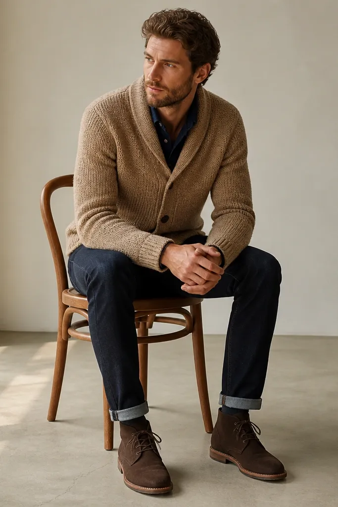 A tan knit cardigan over navy jeans. Dark brown chukka boots. A navy shirt underneath peeks at the collar.