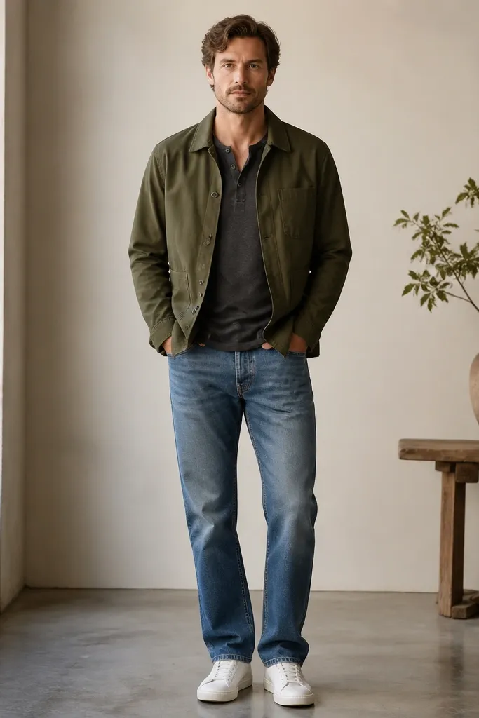 Man in a charcoal long-sleeve henley, olive chore jacket, medium-wash straight-leg jeans, and white low-top sneakers. The outfit is shown front-facing with a slight open collar on the henley.
