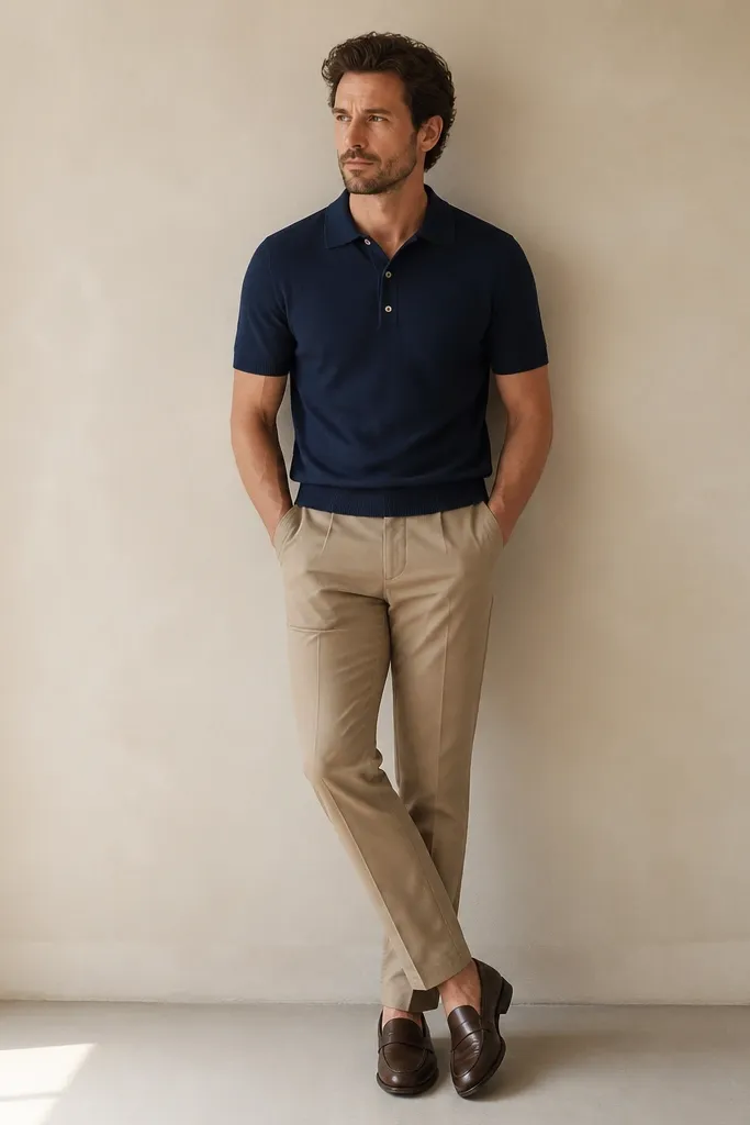Man wearing a navy knit polo with a two-button placket, tan chinos, and dark brown loafers. Background is a simple indoor wall; the polo collar is clearly visible.