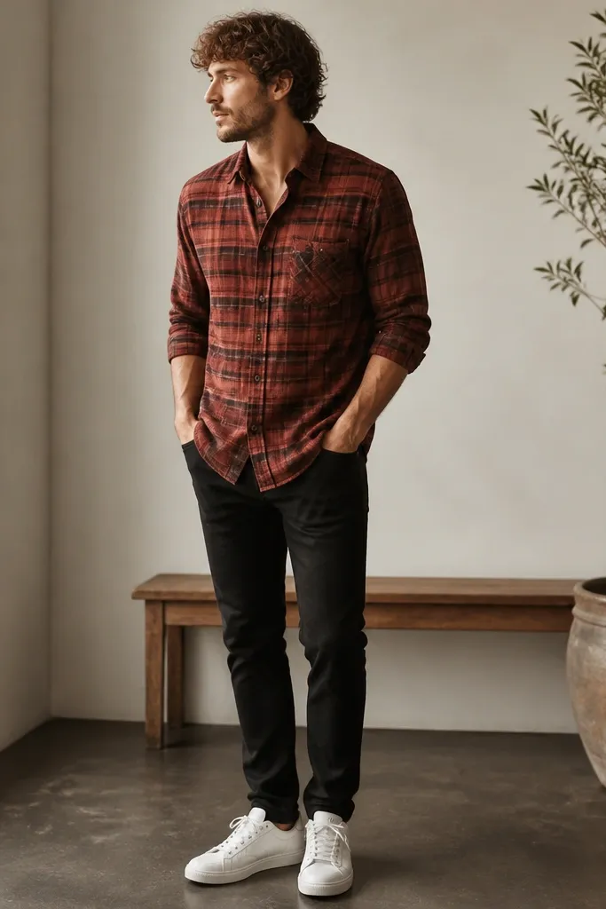 Man wearing a rust red flannel button-down, sleeves rolled to mid-forearm, black tapered jeans, and white sneakers. The shirt is worn untucked with a relaxed fit.