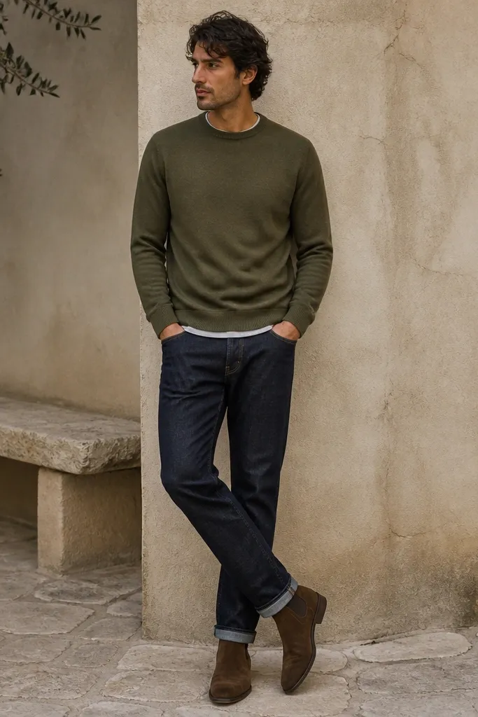 Man in an olive crewneck sweater layered over a light gray tee, dark blue denim jeans, camel-brown belt, and brown boots. The sweater covers the waistband.