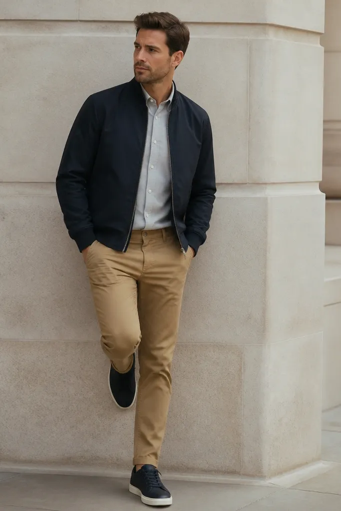 Man wearing a light gray button-down oxford shirt, navy bomber jacket, tan chinos, and dark sneakers. The bomber is zipped halfway.