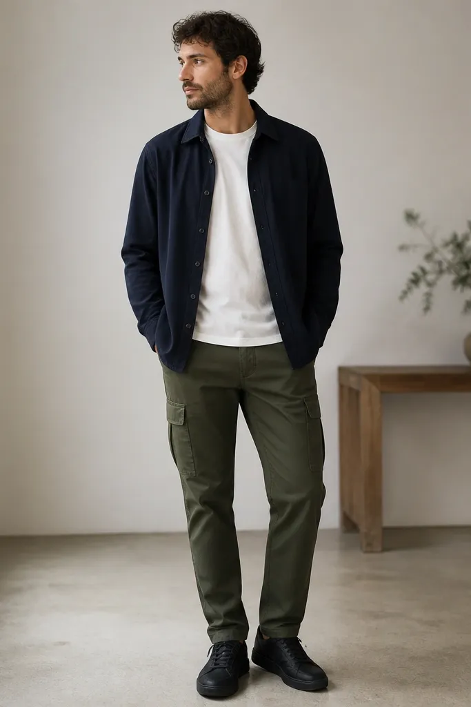 Man in a plain white tee, navy overshirt worn open, olive pants with subtle cargo pockets, and black sneakers. The overshirt has a casual collar and visible buttons.