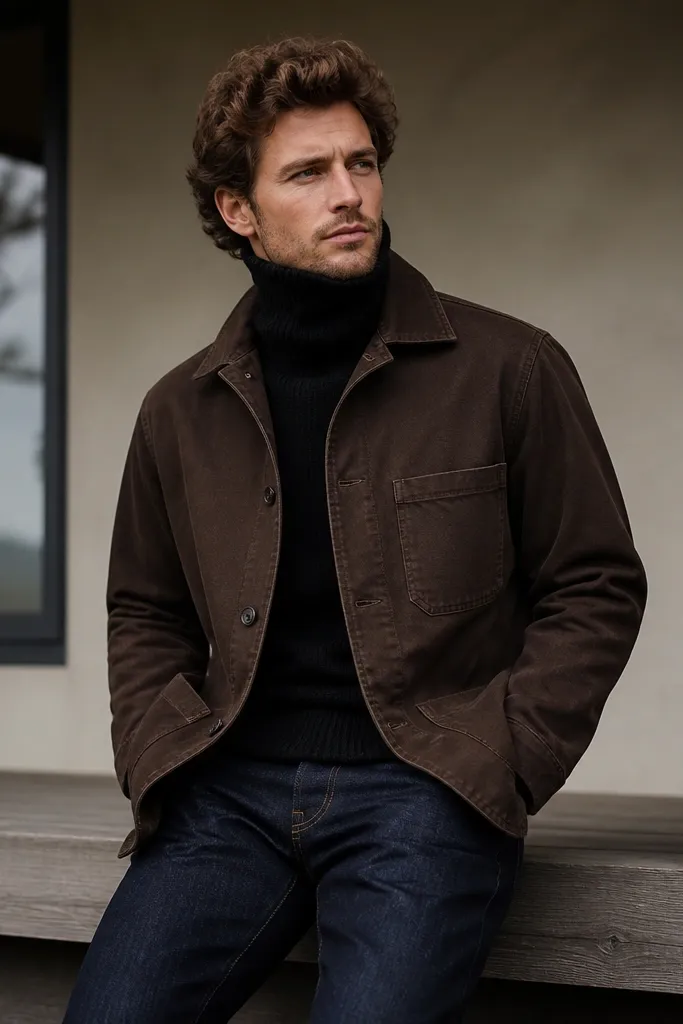 Man wearing a black knit turtleneck, dark brown chore jacket, and dark indigo jeans. The turtleneck is pulled high and the jacket collar is slightly open.