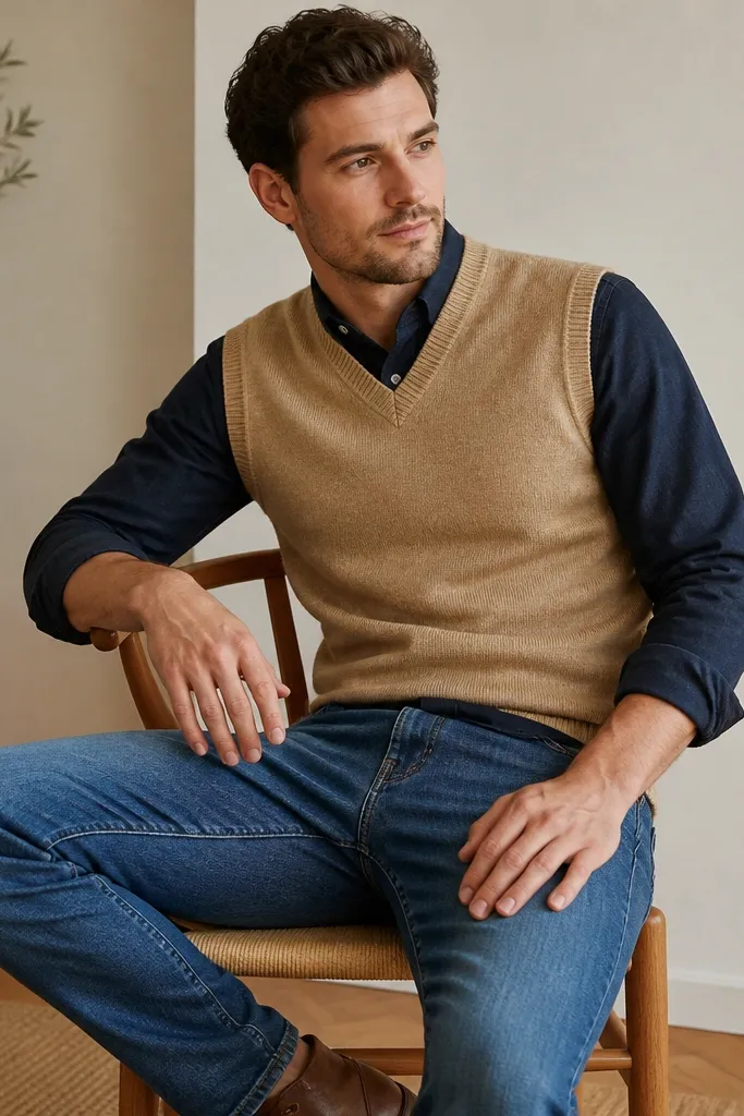 Man wearing a sand-colored sweater vest over a navy button-down shirt, sleeves visible at the cuffs, paired with mid-wash blue jeans and brown shoes.