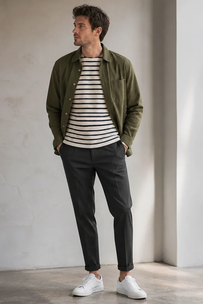 Man wearing a long-sleeve striped tee (cream and navy), olive overshirt worn open, charcoal pants with a clean taper, and white sneakers.