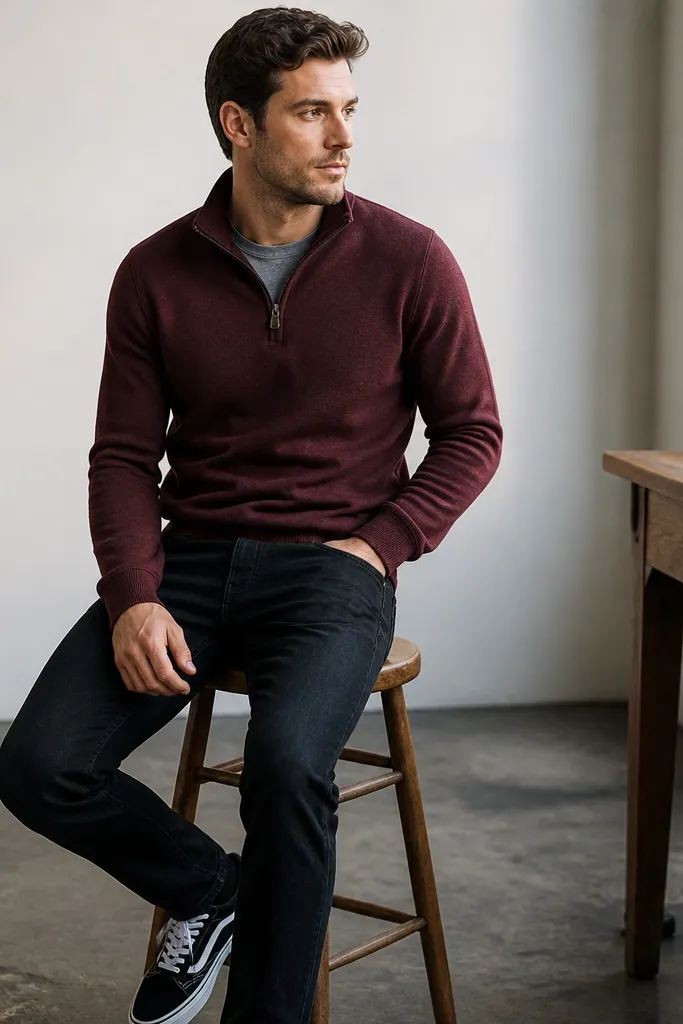 Man in a burgundy quarter-zip sweater, heather gray tee underneath, black denim jeans, and black-and-white sneakers. The quarter-zip is partially closed.