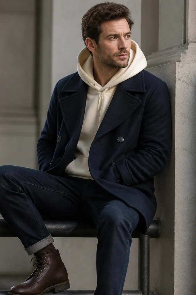 Man in a cream hoodie, navy peacoat-style wool coat, dark jeans, and brown leather boots. The hoodie is visible under the coat front.
