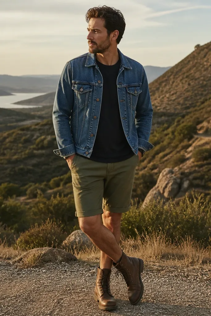 Man wearing a mid-blue denim jacket over a black tee, olive chino shorts, and brown boots. The scene looks like late afternoon outside.