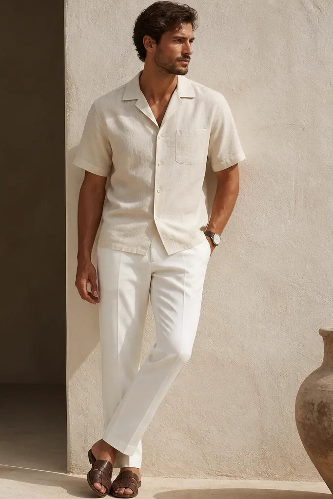 A man wearing a cream linen-blend short-sleeve shirt with a camp collar and subtle texture, paired with white tailored trousers. He has brown leather sandals or loafers and a simple watch.