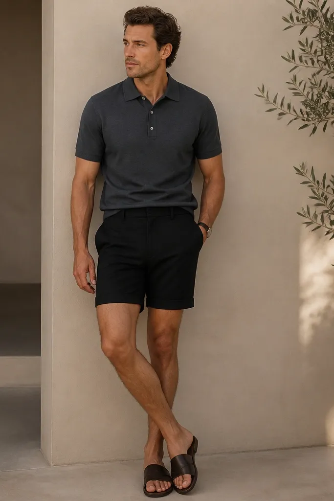 A man wearing a charcoal knit polo with a neat collar and three-button placket, paired with tailored black shorts that hit mid-thigh. He wears dark leather slides and a thin black watch strap.