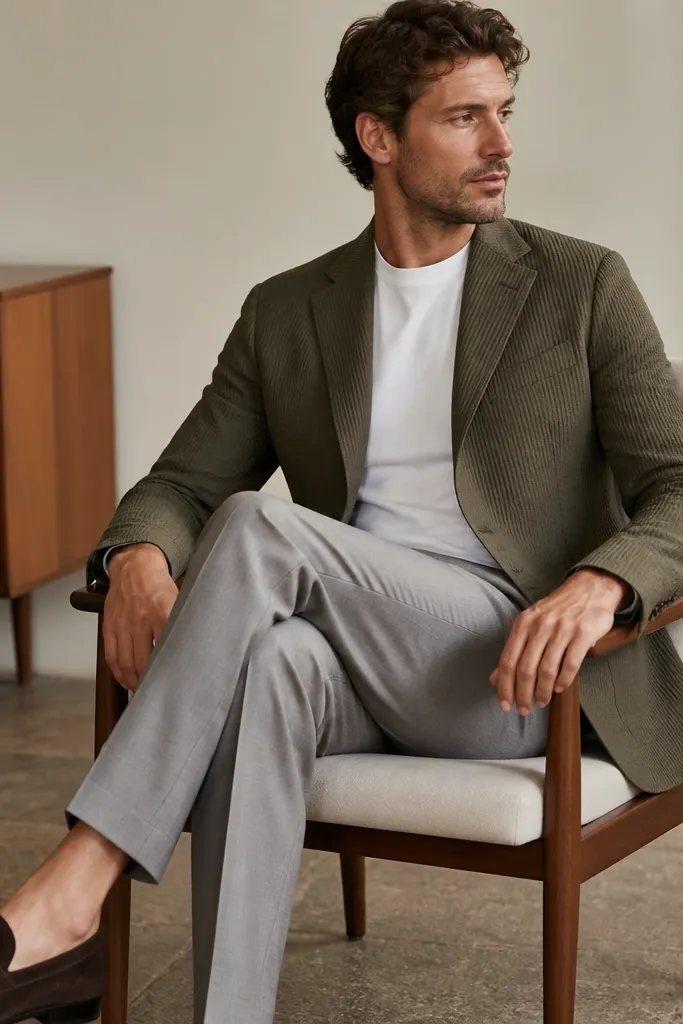 A man in an olive seersucker blazer with a two-button front, paired with a plain white tee and light gray dress trousers. He wears dark brown suede loafers.