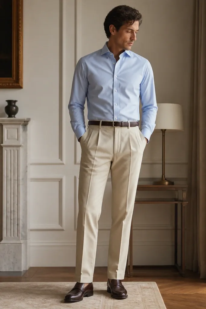 A man wearing a sky-blue poplin shirt with small buttons and a neat collar, tucked into beige pleated trousers. He has a dark brown belt and polished dark brown leather shoes.