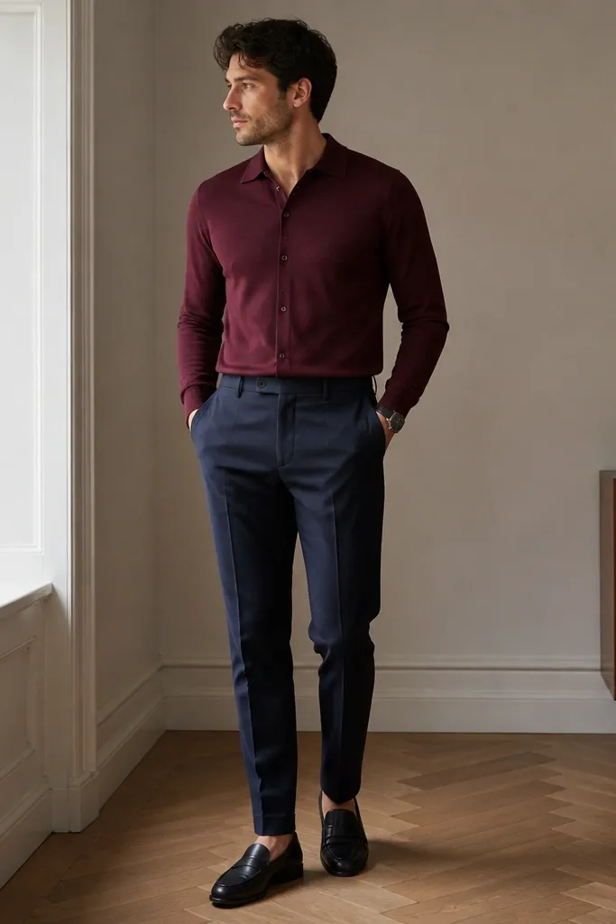 A man wearing a burgundy knit button-up with a soft collar, tucked into navy chinos. He wears black leather loafers and a black watch.