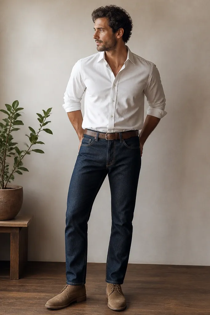 A man in a white oxford button-down with rolled sleeves, tucked slightly into indigo selvedge jeans. He wears tan suede chukka boots and a simple leather belt.