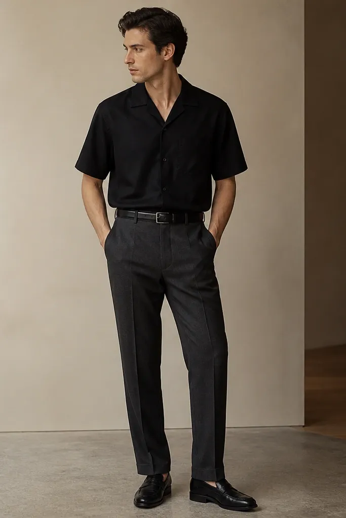 A man wearing a black camp-collar shirt with short sleeves, paired with charcoal wool trousers. He wears a black leather belt and black leather loafers.