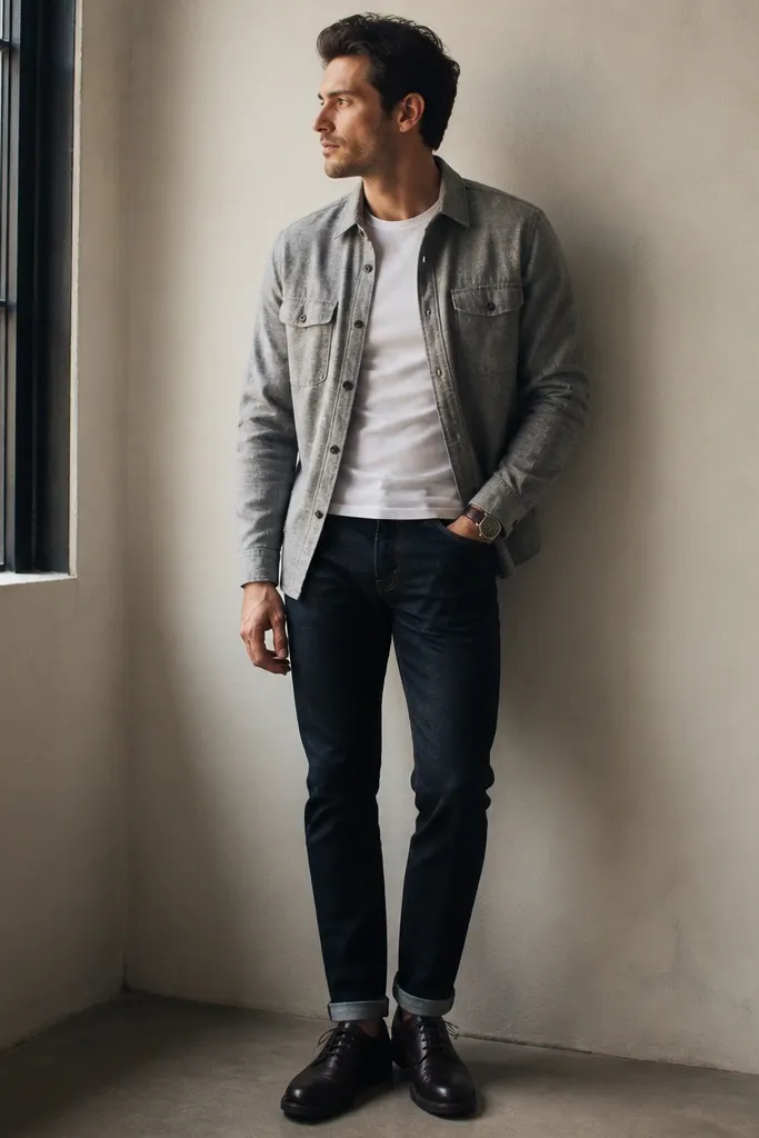 A man in a light gray flannel overshirt worn open over a fitted white tee, with dark indigo jeans and dark derby shoes. A leather watch sits on the wrist.