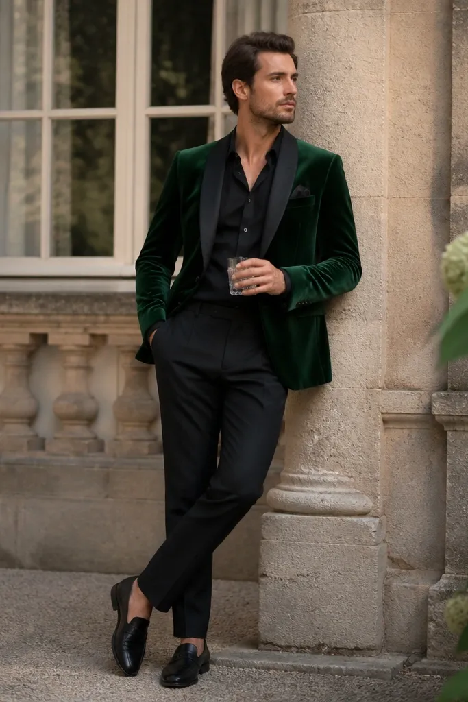 A man wearing a forest green velvet blazer with a subtle sheen, paired with black tailored trousers. He wears satin-finish loafers and a black silk pocket square.