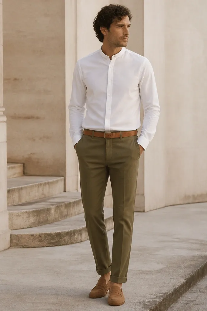 A man wearing a white button-down with a hidden placket, tucked into olive chinos. He wears tan suede loafers and a thin tan belt.