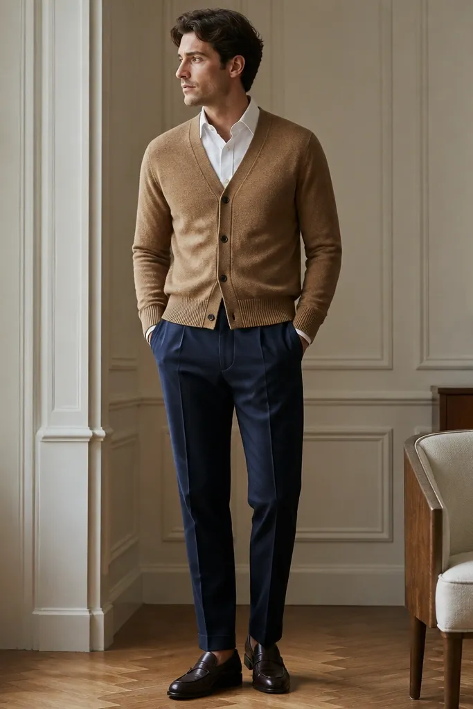 A man wearing a camel knit cardigan with a neat V-neck, paired with navy tailored trousers. He wears dark brown leather shoes and a crisp white shirt underneath.