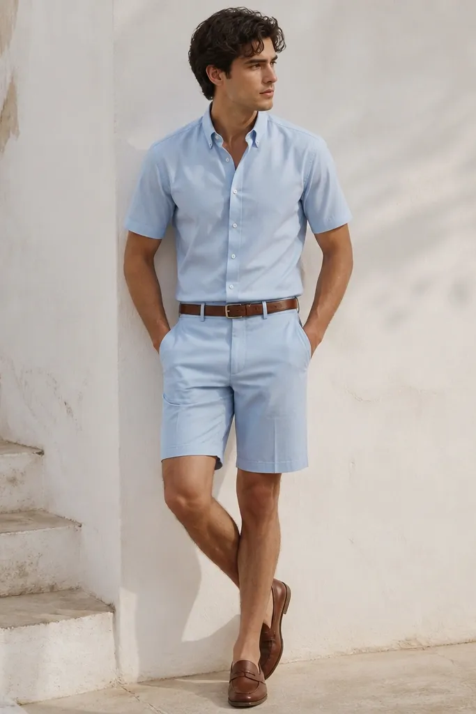 A man wearing a powder blue short-sleeve dress shirt with matching shorts in the same fabric tone. He wears a brown leather belt and loafers.