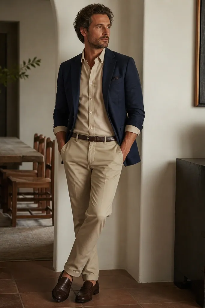 A man wearing a tan poplin button-up with the sleeves rolled, layered under a navy blazer. He has beige chinos and navy or brown leather shoes.