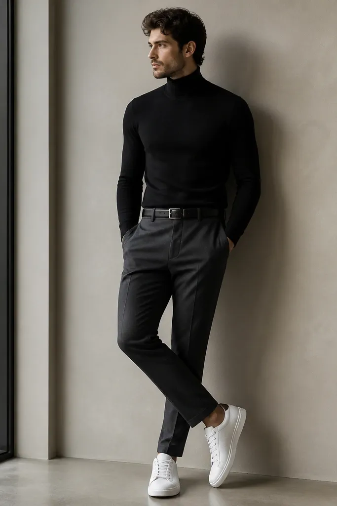 A man wearing a fitted black turtleneck, paired with charcoal tailored trousers. He has clean white leather sneakers and a slim black belt.